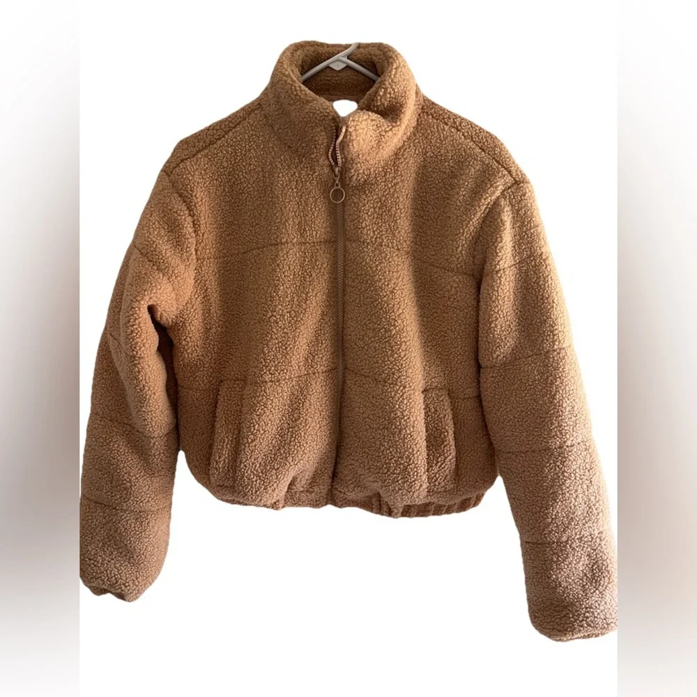 RSQ Jacket Sherpa Puffer Tan Beige Fuzzy Women’s Small Zip Furry Cozy - Picture 3 of 6